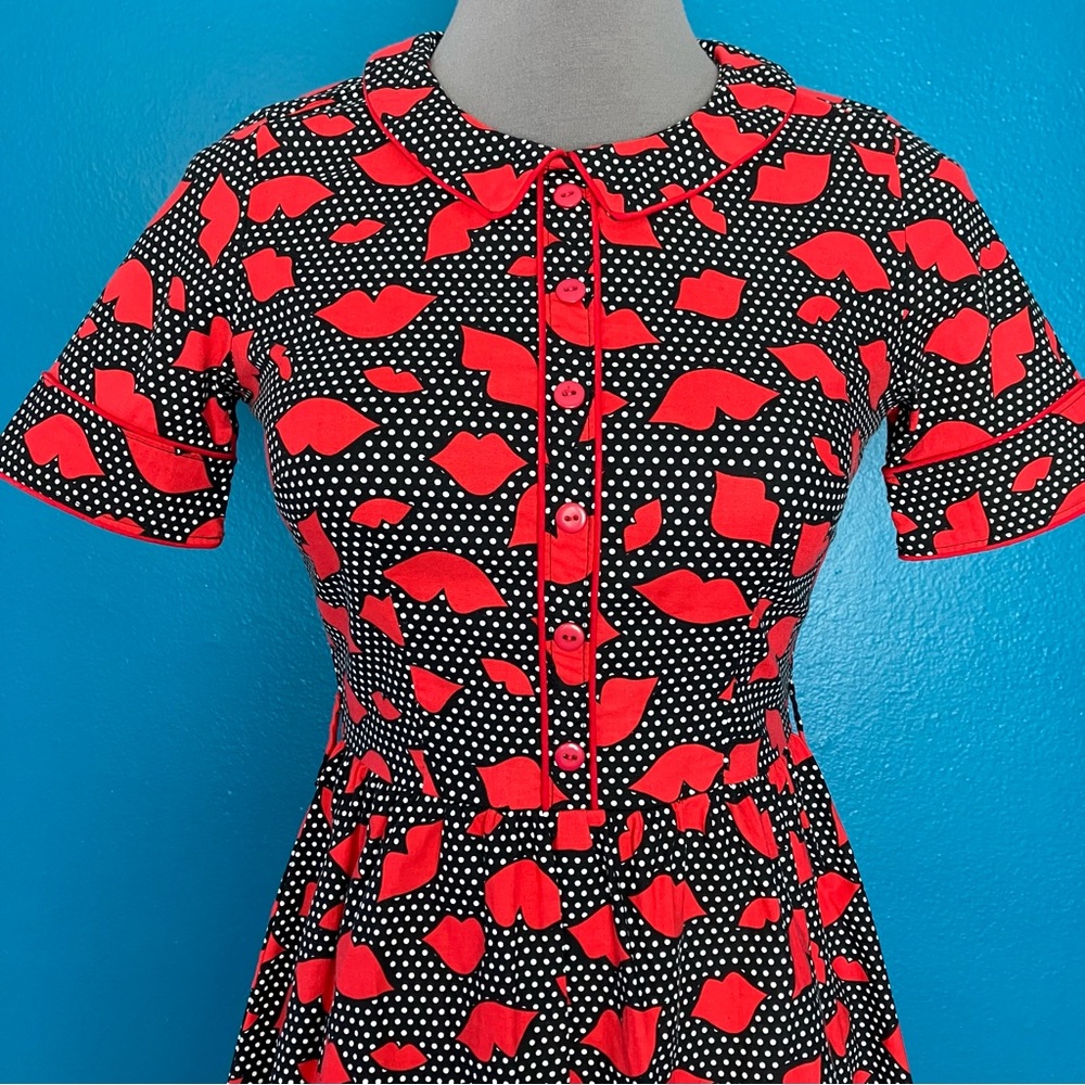 Retrolicious Retro Lips Fit & Flare Dress in Red & Black Polka Dot w/ Collar - Picture 4 of 15